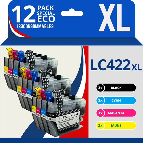 123CONSOMMABLES - LC422XL - Cartouches d'encre XL Grande capacité LC-422XLVAL Compatible avec Brother LC-422XLVAL pour Brother MFC-J5340DW MFC-J5345DW MFC-J5740DW MFC-J6540DW MFC-J6940DW (pack 12)