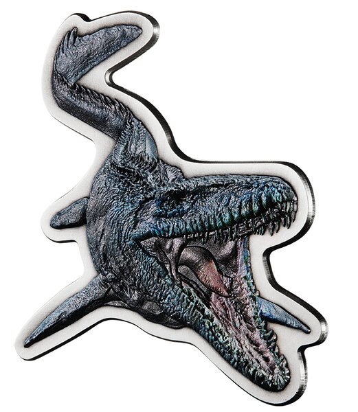 Mosasaurus shaped jurassic world 2 oz argent antique monnaie 5 dollars dollars niue 2022
