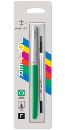 PARKER Jotter Originals stylo roller, vert, attributs Chromés, Recharge noire pointe fine, sous blister