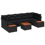 Ensemble de Canapé de Jardin 8 Pièces avec Coussins Noir Poly Rattan Acacia