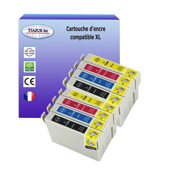 8 Cartouches Compatibles pour Epson Stylus SX218 SX400 SX405 SX410 SX415 SX510W SX515W SX600FW SX610FW remplace Epson T0711/2/3/4- T3AZUR