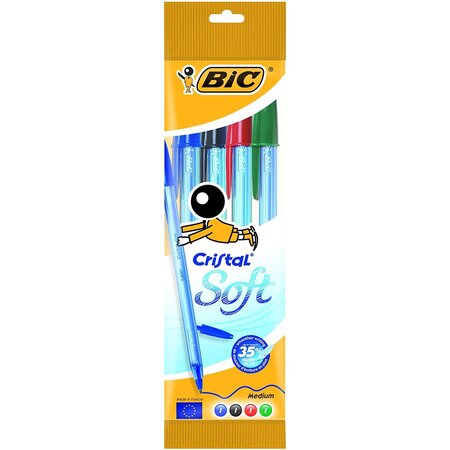 Pochette de 4 stylos Cristal Soft Bleu Noir Rouge Vert BIC