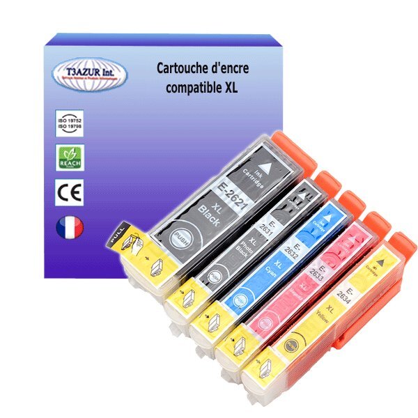 5 Cartouches Compatibles avec Epson XP620, XP625, XP700, XP710, XP720, XP800, XP810, XP820 remplace Epson T26XL  - T3AZUR