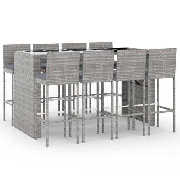 vidaXL Ensemble de bar de jardin 9 Pièces avec coussins gris poly rotin
