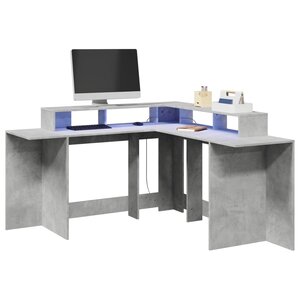 Bureau table poste de travail meuble d'ordinateur informatique étude et lumières LED 152 x 152 x 91 cm bois ingénierie gris 02_0023800