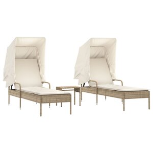 vidaXL Chaises longues lot de 2 avec auvents et table beige poly rotin