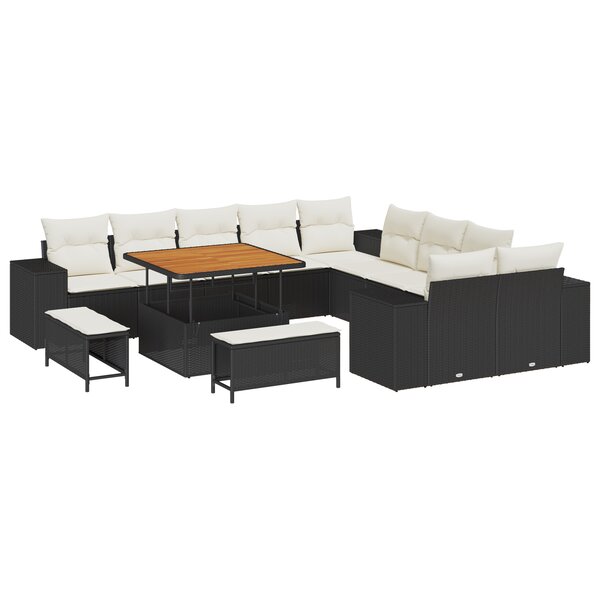 vidaXL Ensemble de canapés de jardin de 13 pièces avec des coussins en rotin noir et acacia.