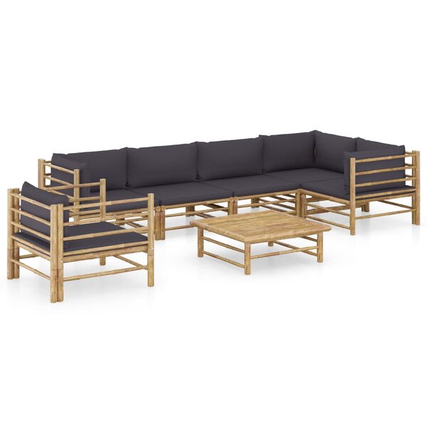 Salon de jardin meuble d'extérieur ensemble de mobilier 7 pièces avec coussins gris foncé bambou 02_0017197