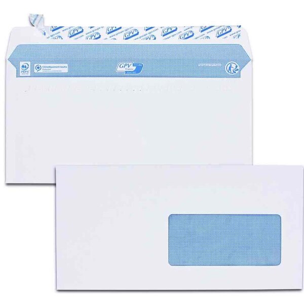 Boîte de 200 enveloppes  DL  110 x 220 mm  blanc  avec fenêtre GPV