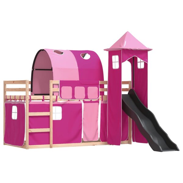 vidaXL Lit superposé avec toboggan et rideaux rose 90x190 cm
