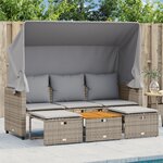 vidaXL Canapé de jardin 3 places avec auvent et tabourets gris rotin