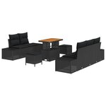 vidaXL Set de Canapés de Jardin 8 Pièces avec Coussins Noirs en Poly Rattan et Acacia