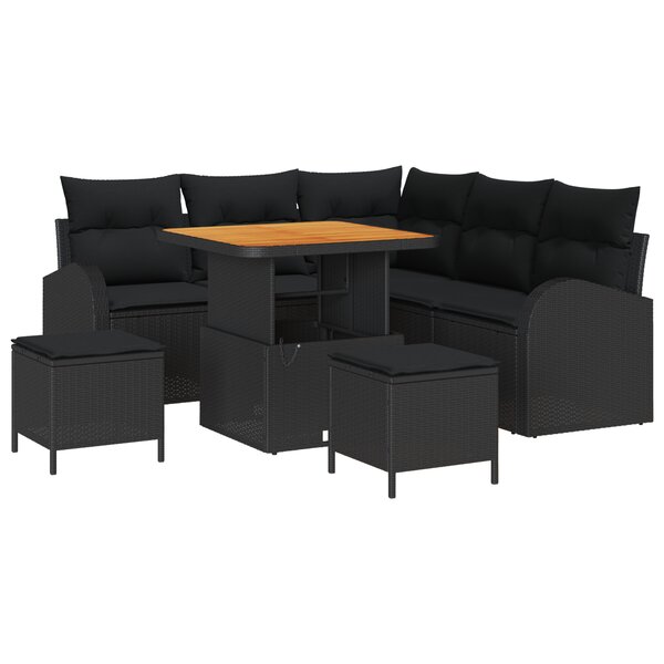 Ensemble de Canapé de Jardin 8 Pièces avec Coussins Noir Poly Rattan Acacia
