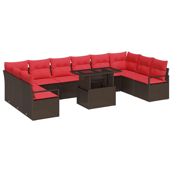 vidaXL Ensemble de canapé de jardin 11 Pièces Marron et rouge polyrotin