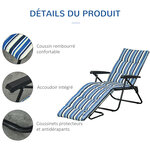 Bain de soleil pliable transat inclinable 6 positions grand confort avec matelas + accoudoirs acier polyester multicolore