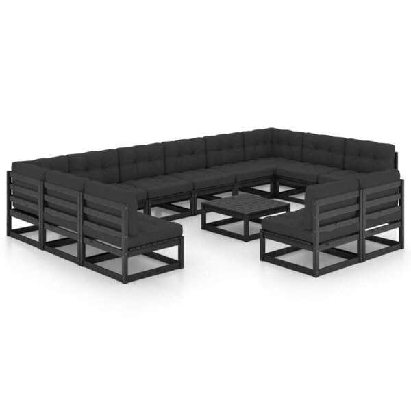 vidaXL Salon de jardin 13 Pièces avec coussins noir bois de pin massif
