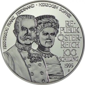 Pièce de monnaie 100 Schilling Autriche François-Ferdinand d’Autriche 1999 – Argent BE