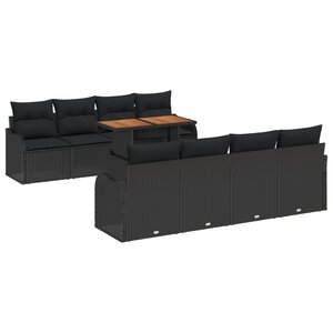 Ensemble de canapé de jardin 9 pièces avec coussins en poly rattan noir acacia