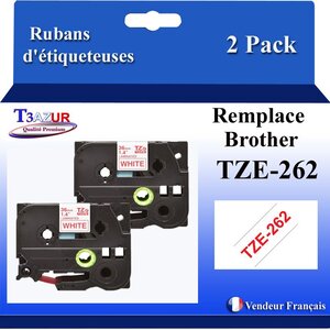 2x Rubans d'étiqueteuses compatibles avec Brother Tze262  Tze-262 pour étiqueteuses P-touch - Texte rouge sur fond blanc - Largeur 36 mm x 8 mètres - T3AZUR