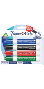 Paper mate - 4 marqueurs tableau blanc effaçable - noir  bleu  vert  rouge - pointe ogive - sous blister