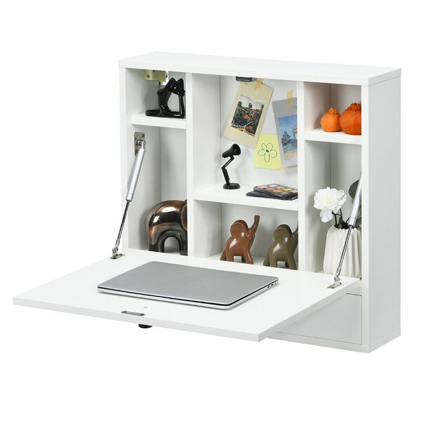 Bureau mural multifonctionnel 60 x 15 x 57 cm avec étagères pratiques style moderne en MDF blanc 20_0010932