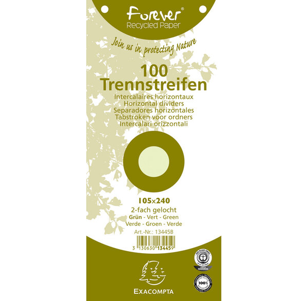 Paquet de 100 Fiches Intercalaire 105x240 Recyclées 2 trous Vert x 12 EXACOMPTA