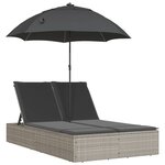 vidaXL Chaise longue double avec coussins et parasol gris clair rotin