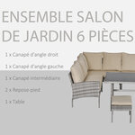 Salon de jardin 6 pers. grand confort canapé d'angle + 2 poufs + table à manger coussins assise & dossier fournis résine tressée grise