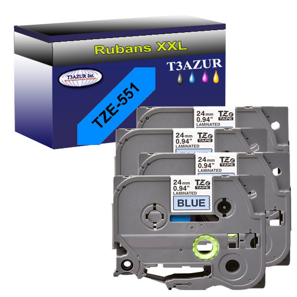4 x Rubans pour étiquettes laminées génériques Brother Tze-551 pour étiqueteuses P-touch - Texte noir sur fond bleu - T3AZUR