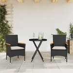vidaXL Ensemble de bistro avec coussins 3Pièces noir résine tressée verre