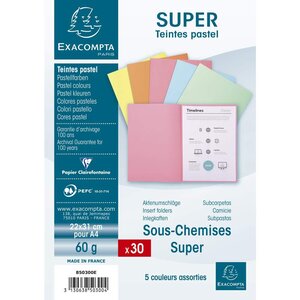 Paquet de 30 sous-chemises SUPER 60 - 22x31cm - Couleurs assorties x 10 EXACOMPTA