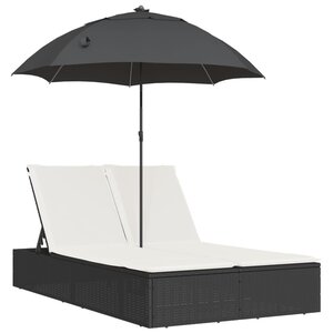 vidaXL Chaise longue double et coussins et parasol noir résine tressée