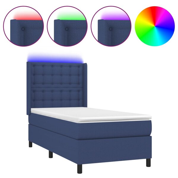 vidaXL Sommier à lattes de lit matelas et LED Bleu 90x200 cm Tissu