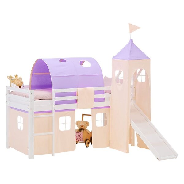 Lit mezzanine 90x200cm sommier  toboggan  tour  tunnel et rideau pin violet