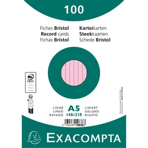 Paquet 100 Fiches Sous Film - Bristol Ligné Non Perforé 148x210mm - Rose - X 10 - Exacompta
