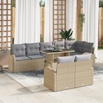 Ensemble de canapé de jardin 9 pièces avec coussins beige en poly rotin