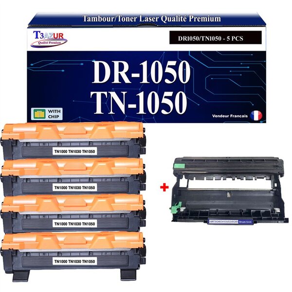 Kit Tambour+ 4 Toners compatibles avec Brother TN1050  DR1050 pour Brother MFC1810  MFC1910  MFC1910W - T3AZUR
