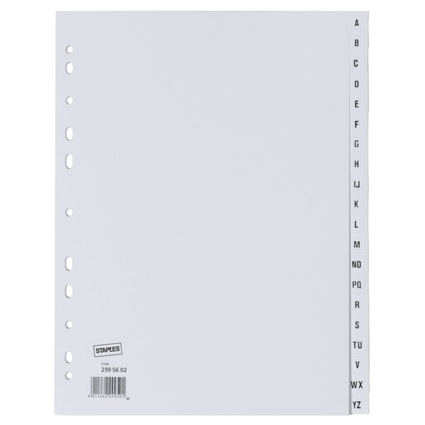 Intercalaires alphabétiques A4 en carte, 20 divisions - Blanc (jeu 20 feuilles)