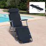 Chaise longue pliable bain de soleil transat de relaxation dossier inclinable avec repose-pied polyester oxford noir