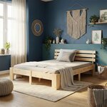 Lit en Bois 180x200 cm Naturel - Lit Double avec 2 Matelas - Massif