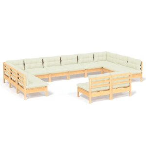 vidaXL Salon de jardin 12 Pièces avec coussins crème Bois de pin massif