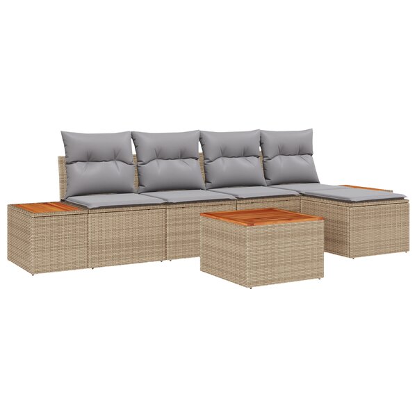 Canapé de jardin 6 pièces avec coussins - Poly rotin beige acacia