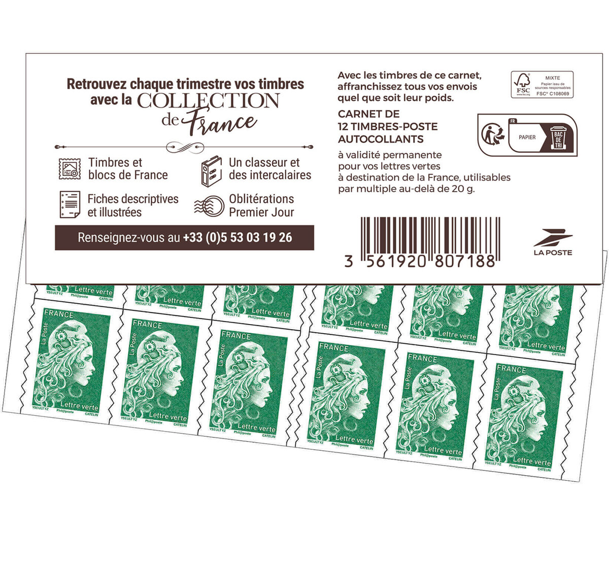Marianne d´Yseult Digan Carnet de 12 timbres autoadhésifs pour lettre verte  jusqu´à 20g Retrouvez chaque trimestre vos timbres avec la COLLECTION de France  Carnet Marianne l´engagée - Timbre de 2023