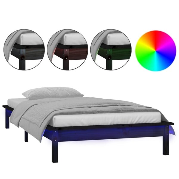 vidaXL Cadre de lit à LED sans matelas noir 90x190 cm bois massif