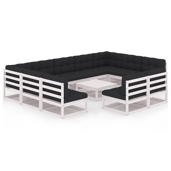 vidaXL Salon de jardin 12 Pièces avec coussins Blanc Bois de pin massif