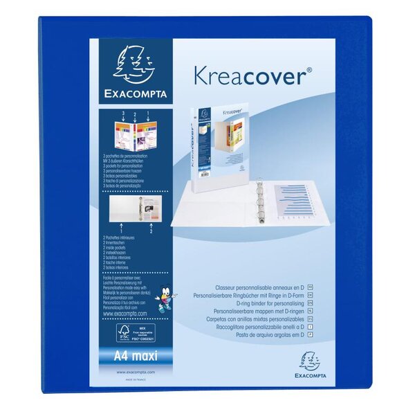 Classeur PP personnalisable Kreacover - 2 anneaux en D 40mm - A4 maxi  bleu x 10 EXACOMPTA