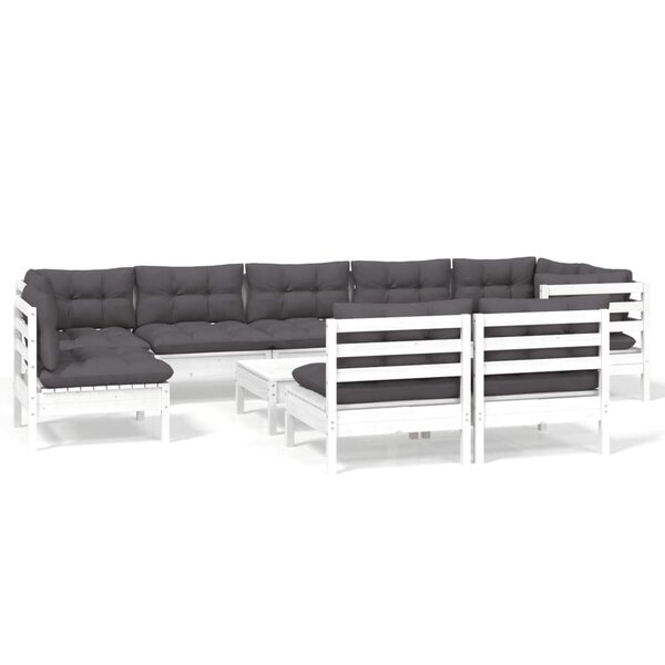vidaXL Salon de jardin 10 Pièces avec coussins blanc bois de pin massif