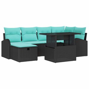 vidaXL Ensemble de canapé de jardin avec coussin 7 Pièces Noir Poly rotin