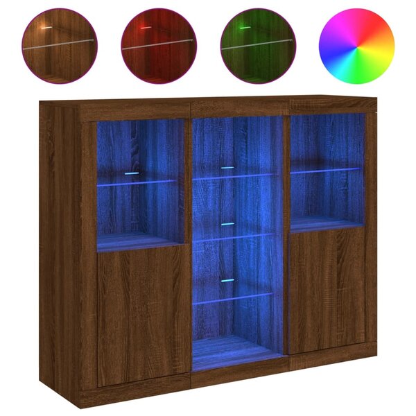 vidaXL Buffets avec lumières LED 3 Pièces chêne brun bois d'ingénierie