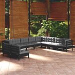 vidaXL Salon de jardin 10 Pièces avec coussins Noir Bois de pin massif